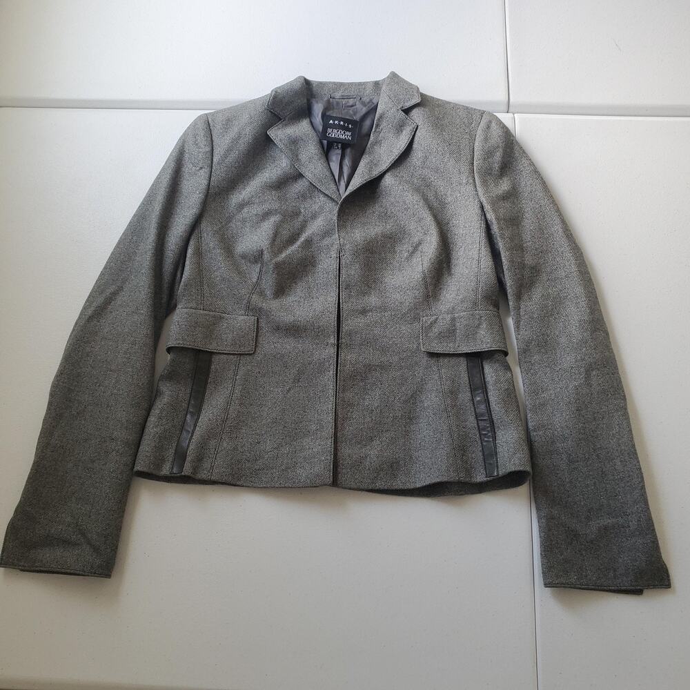 Akris Blazer Womens 6 Gray Tweed Wool Cotton Cashmere Leather Trim Jacket